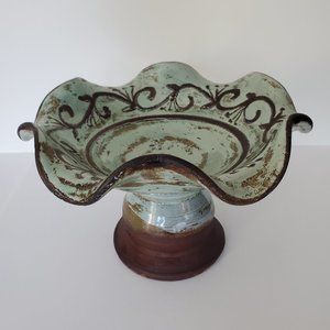 VTG Handmade Antiqued Red Clay Pottery Pedestal Bowl Ruffled Edge Chocolate Mint